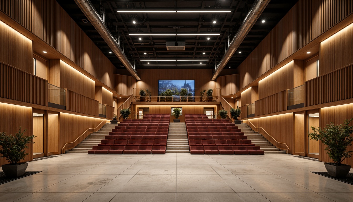 Prompt: Bauhaus-style auditorium, rectangular shape, minimalist design, industrial materials, exposed ductwork, concrete floors, steel beams, wooden accents, geometric patterns, functional lighting, adjustable acoustic panels, sound-absorbing materials, tiered seating, curved balconies, grand staircase, dramatic chandeliers, warm color scheme, natural textiles, urban atmosphere, soft box lighting, 1/2 composition, realistic reflections, ambient occlusion.