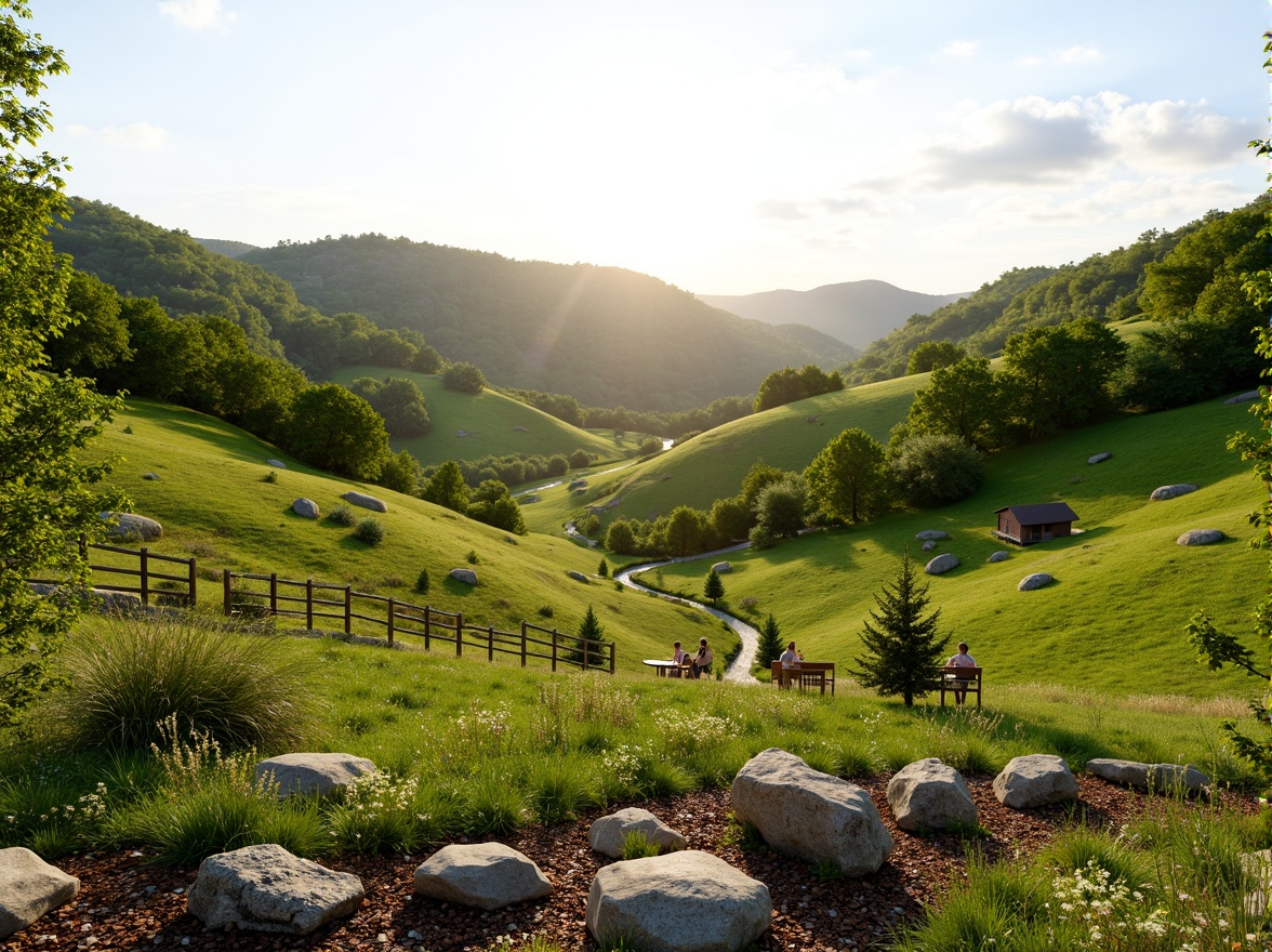 Prompt: Rolling hills, lush green grass, wildflowers, meandering pathways, rustic wooden fences, natural stone benches, serene atmosphere, warm sunlight, soft breeze, gentle slopes, native plant species, organic mulch, decorative boulders, meadow-inspired design, asymmetrical composition, shallow depth of field, 1/2 camera angle, realistic textures, ambient occlusion.