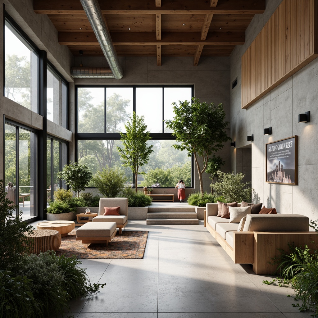 Prompt: Clean lines, minimal ornamentation, simple forms, neutral color palette, concrete walls, wooden accents, steel beams, industrial chic, modern furniture, abundant natural light, floor-to-ceiling windows, sliding glass doors, lush greenery, potted plants, educational signage, subtle branding elements, calm atmosphere, soft warm lighting, shallow depth of field, 3/4 composition, panoramic view, realistic textures, ambient occlusion.