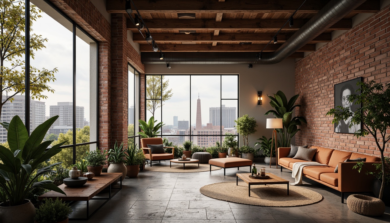 Prompt: Exposed brick walls, reclaimed wood accents, industrial metal beams, earthy tone color palette, organic shapes, curved lines, natural stone flooring, plush greenery, floor-to-ceiling windows, soft warm lighting, cozy atmosphere, minimalist decor, eclectic furniture pieces, vintage decorative items, urban cityscape views, cloudy day, shallow depth of field, 1/1 composition, realistic textures, ambient occlusion.