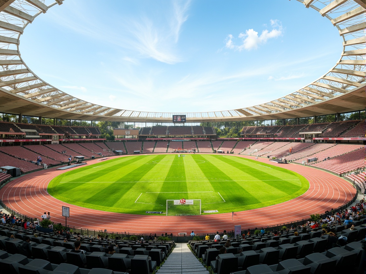 Prompt: Athletic track, lush green grass, vibrant sports equipment, goalposts, scoreboards, spectator stands, modern stadium architecture, curved lines, dynamic shapes, open spaces, natural ventilation, abundant sunlight, soft warm lighting, shallow depth of field, 3/4 composition, panoramic view, realistic textures, ambient occlusion, fluid player movement, efficient circulation paths, clear signage, intuitive wayfinding, accessible amenities, comfortable seating areas.