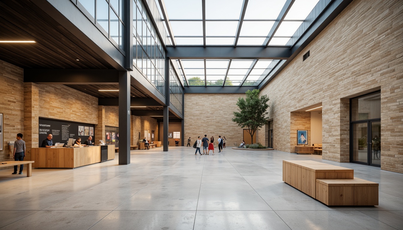 Prompt: Minimalist visitor center, natural stone walls, polished concrete floors, wooden accents, industrial metal beams, large glass windows, transparent roofs, open spaces, simple signage, subtle branding, earthy color palette, soft diffused lighting, shallow depth of field, 1/1 composition, realistic textures, ambient occlusion.