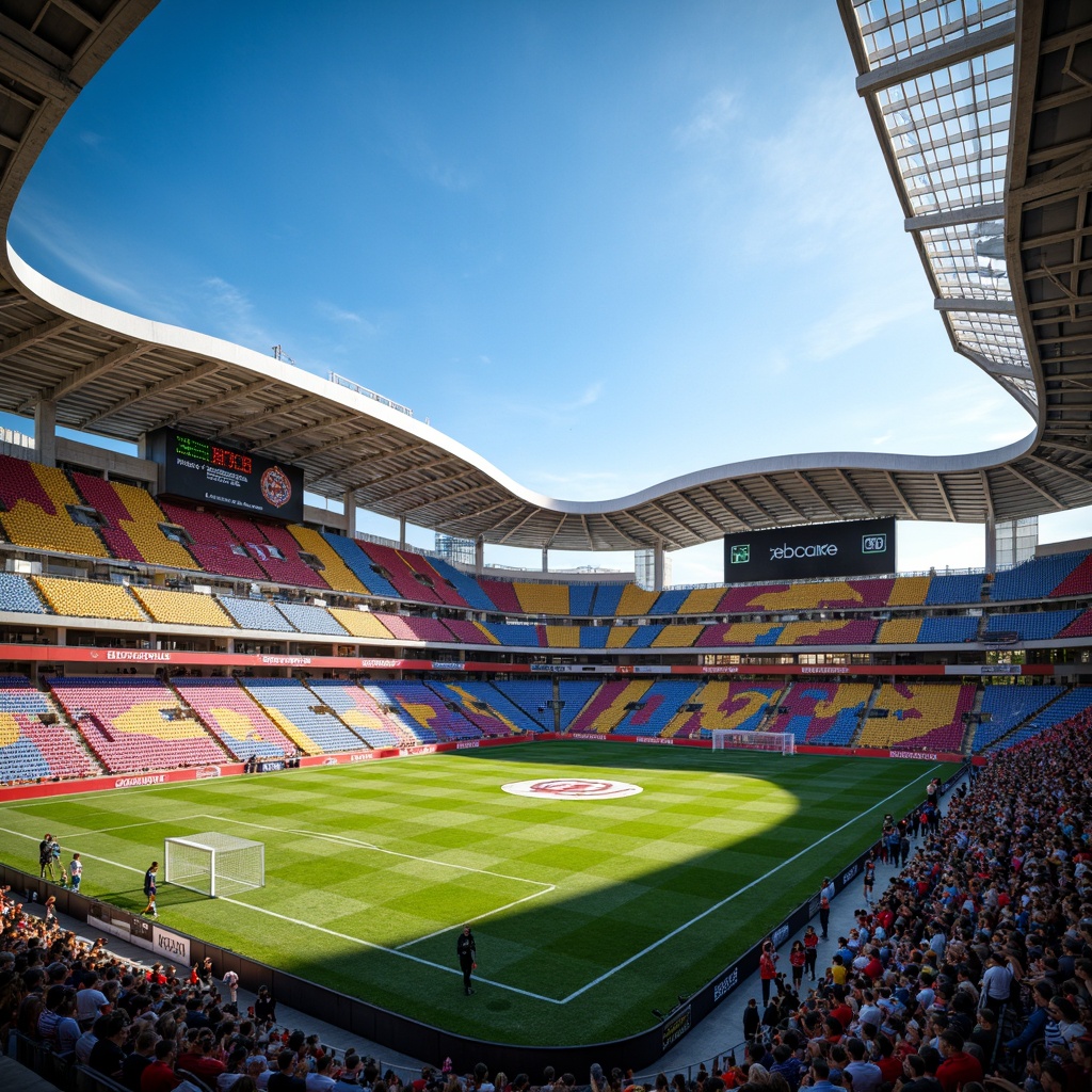 Prompt: Vibrant soccer stadium, bold team colors, dynamic LED lighting, sleek modern architecture, curved lines, angular shapes, green grass fields, white goalposts, colorful spectator seats, energetic atmosphere, sunny day, clear blue sky, urban cityscape, concrete structures, steel beams, glass facades, abstract patterns, geometric shapes, futuristic design, high-tech amenities, advanced scoreboard systems, dynamic sound effects, panoramic views, shallow depth of field, 3/4 composition.