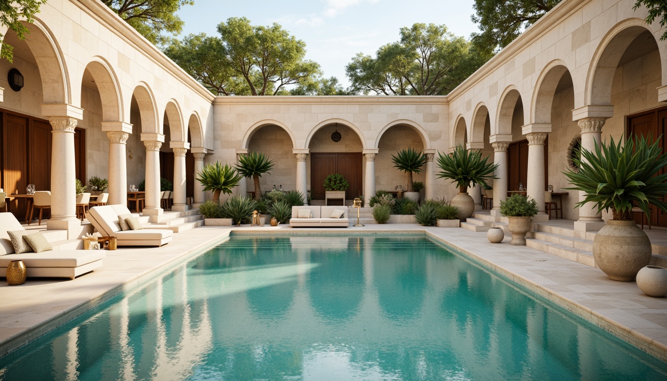 Prompt: Elegant neoclassical swimming pool, soft cream marble, warm beige stone, ornate bronze fixtures, subtle turquoise water, lush greenery surroundings, majestic columns, grand archways, refined stucco walls, ornamental fountains, tranquil ambiance, warm golden lighting, shallow depth of field, 1/2 composition, symmetrical framing, realistic textures, ambient occlusion.