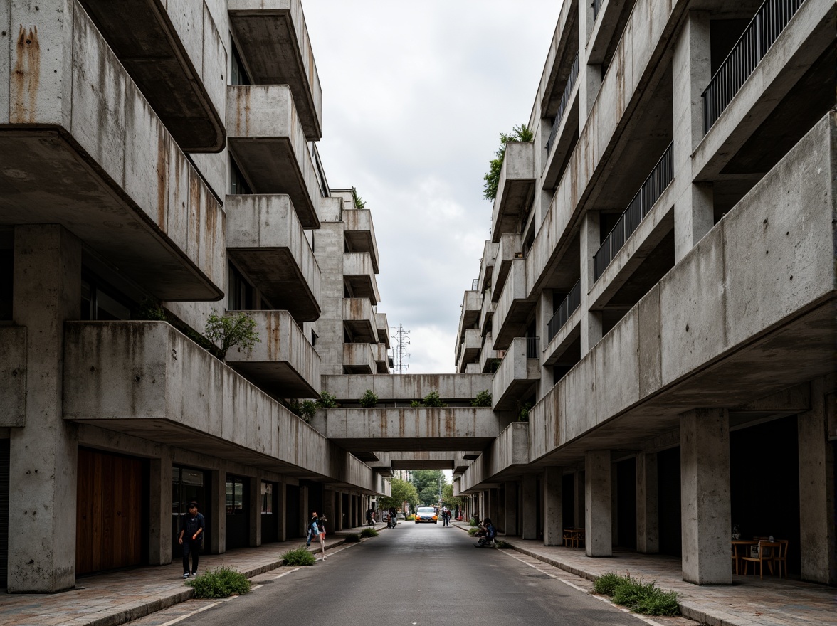 Prompt: Rugged brutalist architecture, exposed concrete surfaces, industrial textures, bold geometric forms, cantilevered structures, raw unfinished materials, urban cityscape, overcast skies, dramatic shadows, high-contrast lighting, 1/2 composition, low-angle shot, atmospheric perspective, detailed rust patterns, weathered steel beams, reinforced concrete columns, innovative formwork systems, modular construction methods, complex spatial relationships, abstract expressionist art influences.