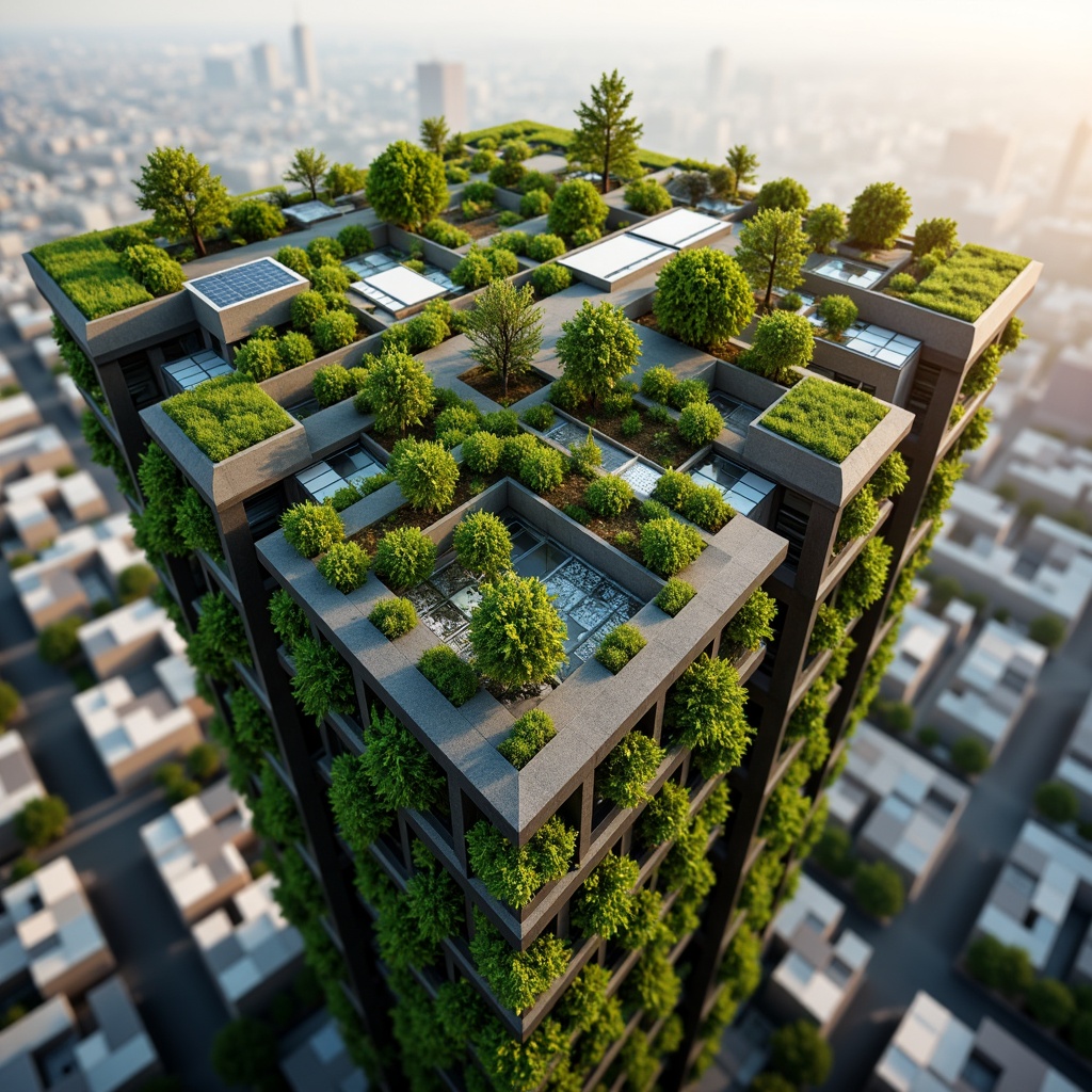 Prompt: Urban skyscraper, lush green roofs, verdant vegetation, modern architecture, sustainable design, eco-friendly materials, energy-efficient systems, solar panels, wind turbines, rainwater harvesting, grey water reuse, natural insulation, improved air quality, reduced urban heat island effect, increased biodiversity, habitat creation, stormwater management, noise reduction, thermal mass, rooftop gardens, recreational spaces, panoramic city views, soft warm lighting, shallow depth of field, 3/4 composition.