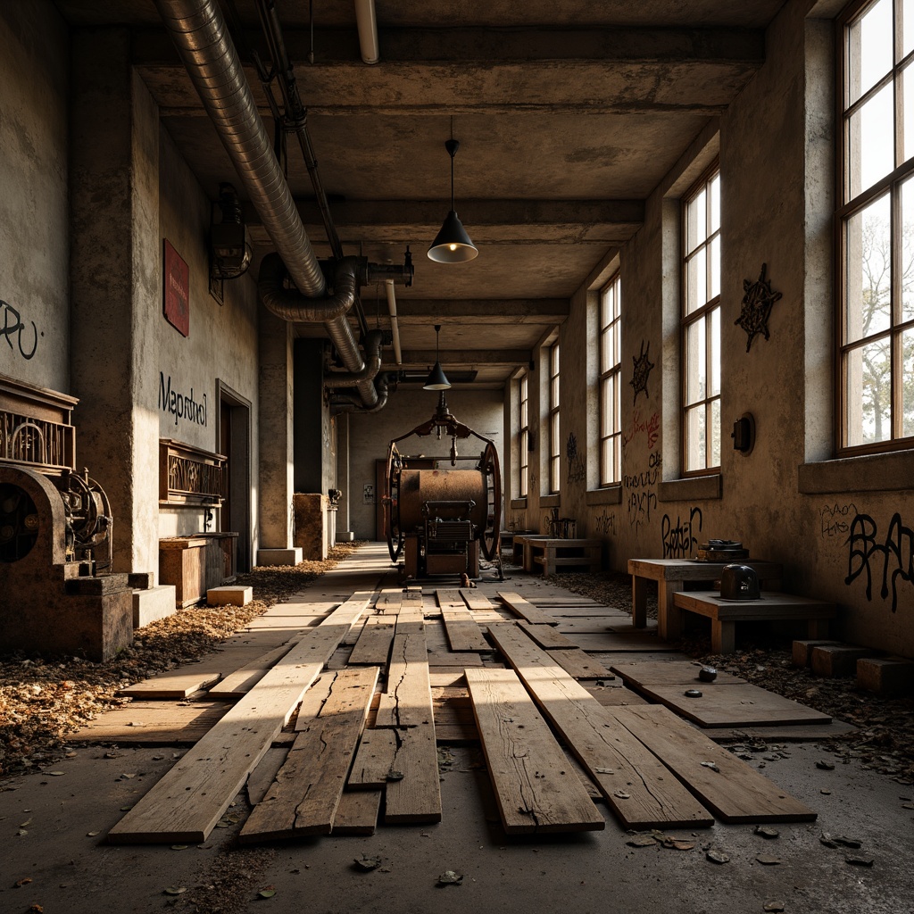 Prompt: Rustic wooden planks, distressed metal sheets, vintage machinery parts, worn concrete walls, faded graffiti, industrial pipes, exposed brick textures, metallic rivets, ornate Victorian details, intricate Gothic patterns, mysterious abandoned atmosphere, warm golden lighting, shallow depth of field, 1/1 composition, realistic wear and tear, ambient occlusion.