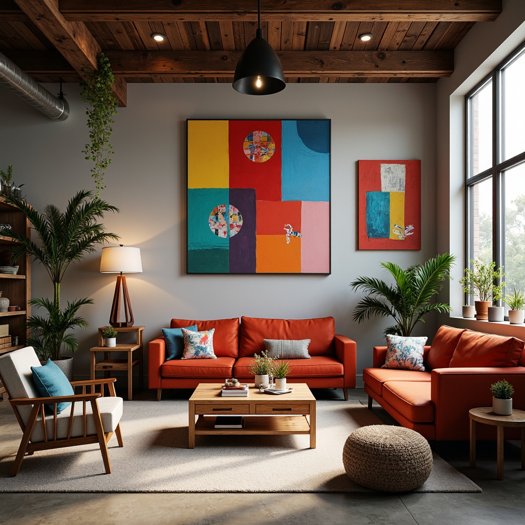 Prompt: Vibrant art studio, eclectic furniture, abstract artwork, bold color blocking, contrasting textures, rich wood accents, industrial metal frames, modern minimalist decor, natural light pouring in, soft warm glow, 3/4 composition, shallow depth of field, realistic renderings, ambient occlusion.