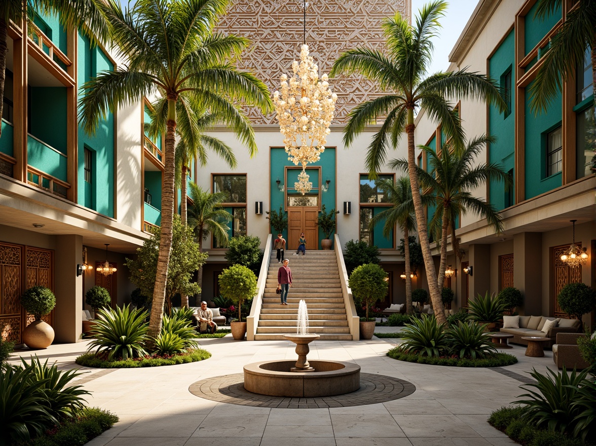 Prompt: Luxurious Art Deco building, ornate metalwork, geometric patterns, vibrant turquoise accents, lush greenery, tropical palm trees, sun-kissed courtyard, elegant fountain, grand staircase, opulent chandeliers, lavish textiles, metallic sheen, warm golden lighting, shallow depth of field, 1/1 composition, symmetrical framing, realistic reflections, ambient occlusion.