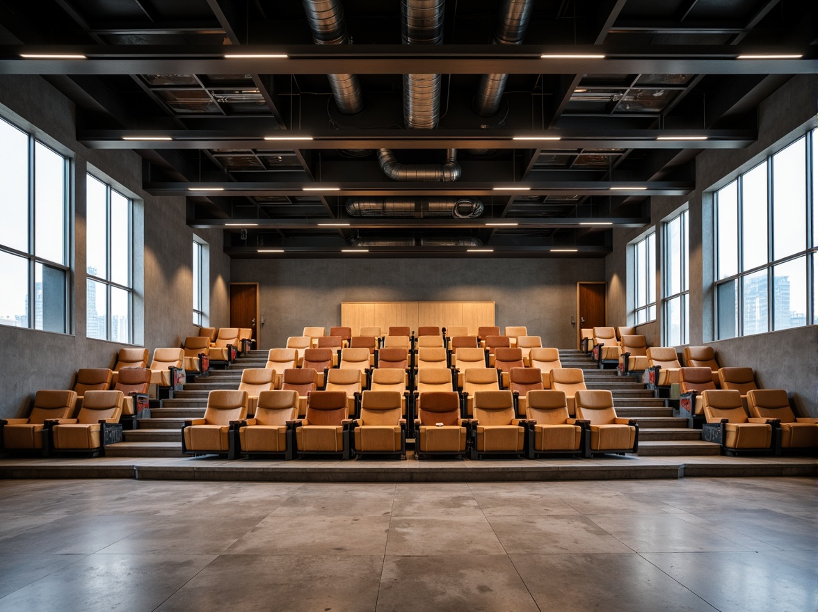 Prompt: Bauhaus-style auditorium, minimalist seating arrangement, rows of sleek wooden chairs, geometric patterns on upholstery, industrial metal frames, bold color accents, functional lighting design, exposed ductwork, polished concrete floors, angular lines, rectangular shapes, modernist architecture, high ceilings, large windows, natural light pouring in, dramatic shadows, 1/1 composition, symmetrical framing, softbox lighting, realistic textures, ambient occlusion.