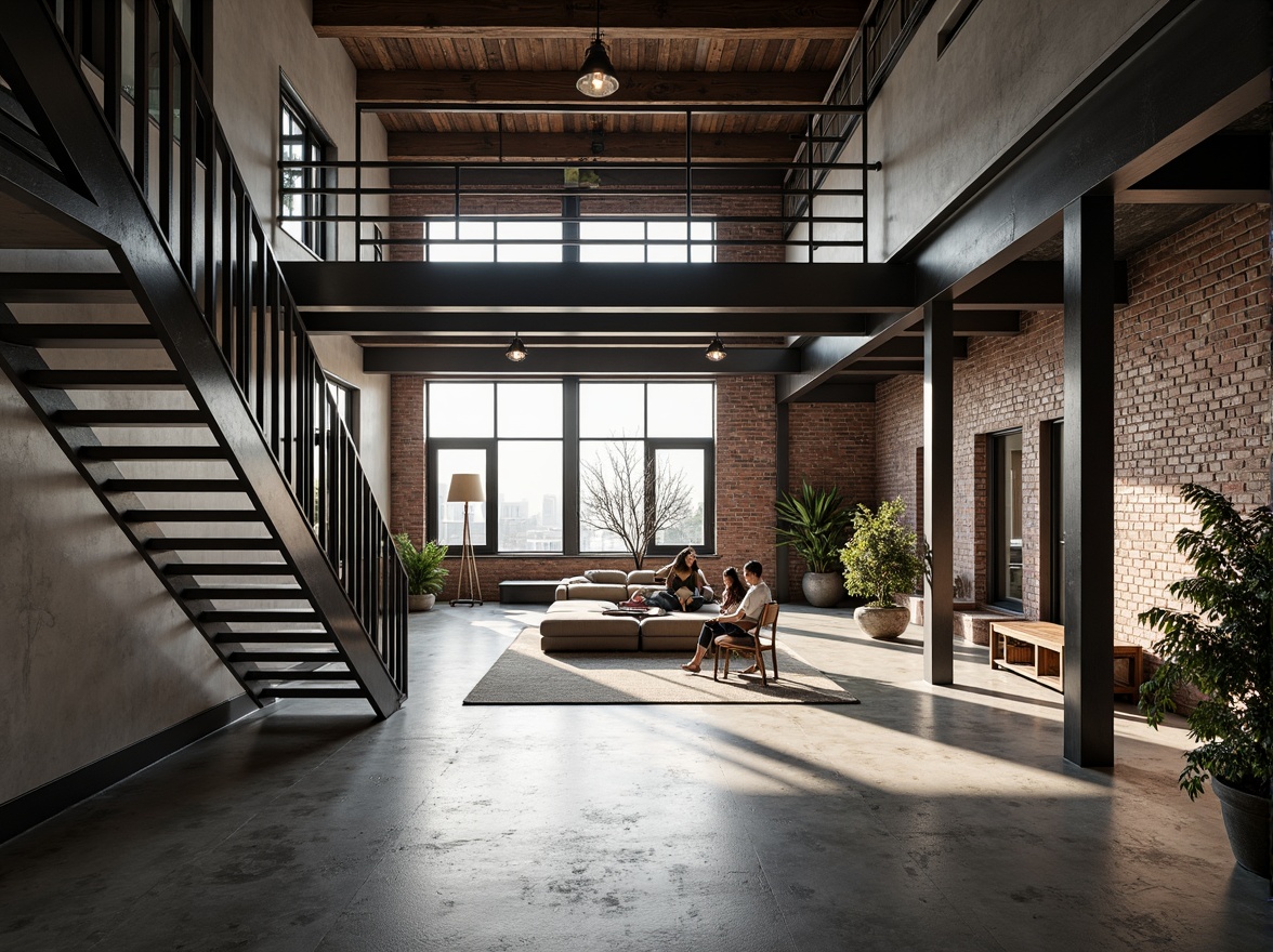 Prompt: Exposed steel beams, industrial chic aesthetic, polished concrete floors, minimalist decor, modern urban loft, open-plan living space, floor-to-ceiling windows, natural light pouring in, sleek metal staircases, geometric-shaped railings, reclaimed wood accents, distressed brick walls, edgy architectural lines, dramatic shadows, high-contrast lighting, 1/1 composition, symmetrical framing, realistic textures, ambient occlusion.