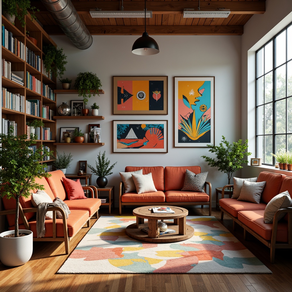 Prompt: Vibrant art studio, eclectic furniture, abstract artwork, bold color blocking, contrasting textures, rich wood accents, industrial metal frames, modern minimalist decor, natural light pouring in, soft warm glow, 3/4 composition, shallow depth of field, realistic renderings, ambient occlusion.