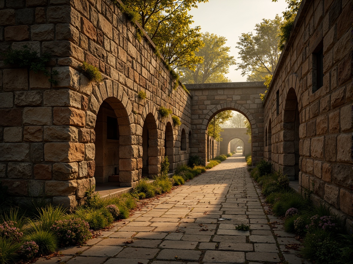 Prompt: Rustic stone walls, weathered rock formations, earthy tones, natural cracks, moss-covered surfaces, ancient ruins, mysterious ambiance, warm golden lighting, shallow depth of field, 1/1 composition, realistic textures, ambient occlusion, overgrown vegetation, abandoned structures, historic landmarks, worn stone pathways, faded frescoes, mystical atmosphere.