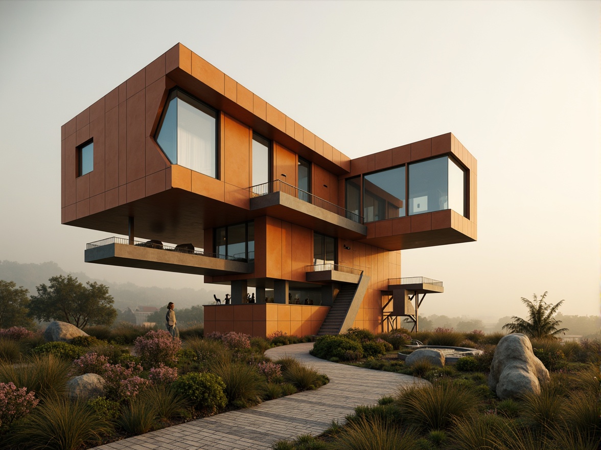 Prompt: Unconventional experimental house, irregular shapes, bold color blocking, dynamic angular lines, futuristic materials, translucent glass fa\u00e7ades, cantilevered volumes, suspended walkways, abstract sculptures, avant-garde art installations, surreal landscape, misty atmosphere, warm golden lighting, shallow depth of field, 1/1 composition, dramatic shadows, high-contrast textures, ambient occlusion.