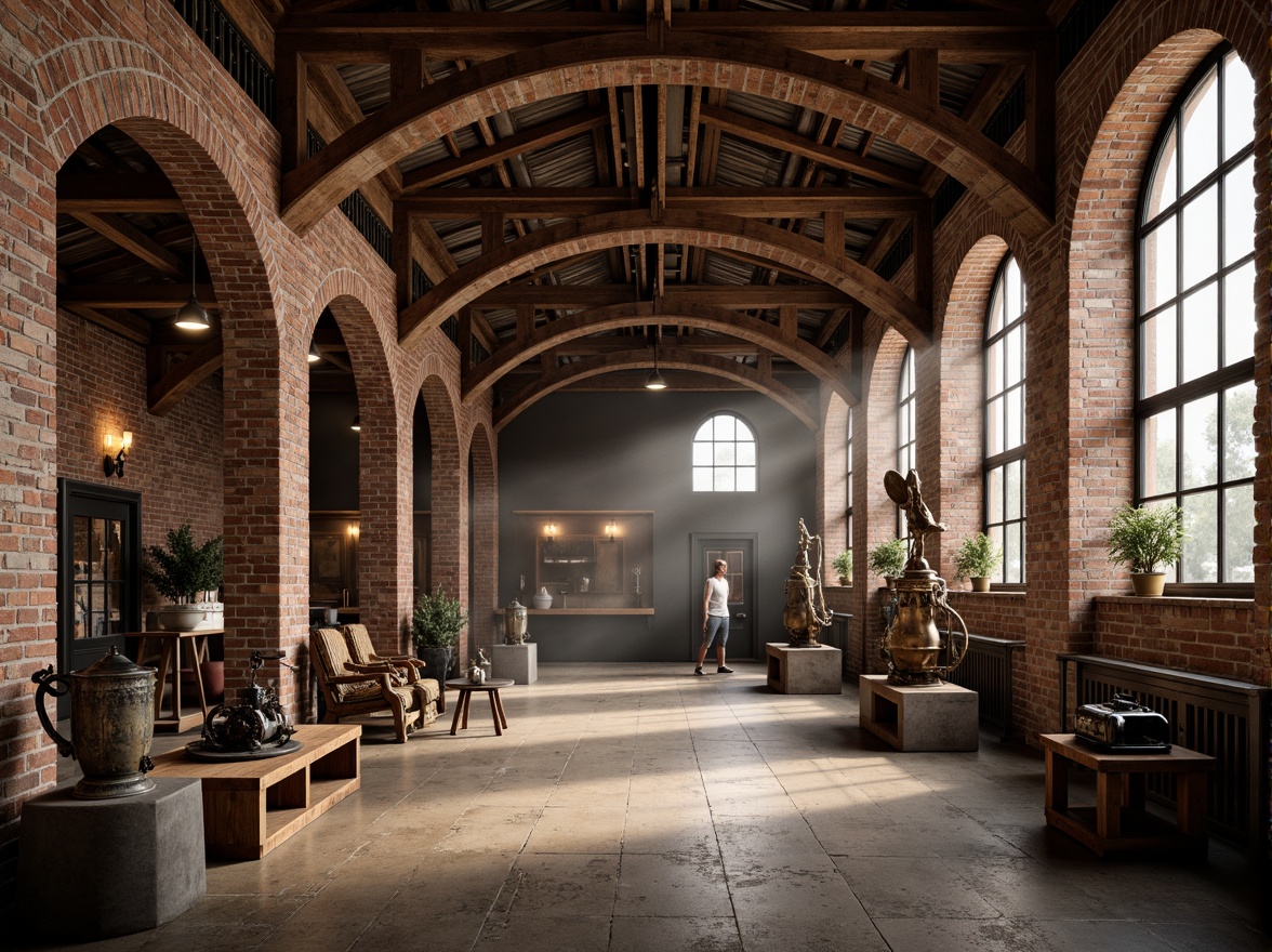 Prompt: Rustic warehouse interior, exposed brick walls, vaulted ceilings, Romanesque arches, industrial metal beams, reclaimed wood accents, earthy color palette, warm soft lighting, shallow depth of field, 1/1 composition, realistic textures, ambient occlusion, atmospheric mist, dramatic shadows, ornate ironwork details, distressed stone surfaces, vintage machinery displays, eclectic decorative artifacts.