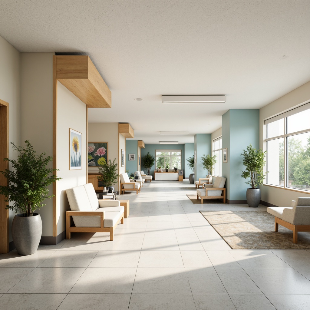 Prompt: Soothing hospital interior, calming color scheme, gentle pastel hues, soft whites, creamy beiges, pale blues, muted greens, warm wood accents, natural stone floors, comfortable seating areas, peaceful waiting rooms, serene patient rooms, gentle lighting, subtle texture contrasts, 1/1 composition, shallow depth of field, realistic renderings, ambient occlusion.