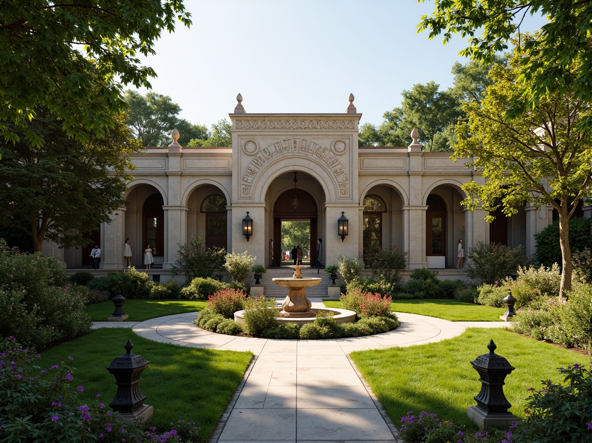 Prompt: Renaissance-style library, grand entrance, ornate stone carvings, symmetrical gardens, manicured lawns, walking paths, ornamental fountains, statues, lanterns, seasonal flower arrangements, lush greenery, vibrant blooming flowers, tranquil atmosphere, soft natural lighting, warm afternoon sun, 1/2 composition, shallow depth of field, realistic textures, ambient occlusion.