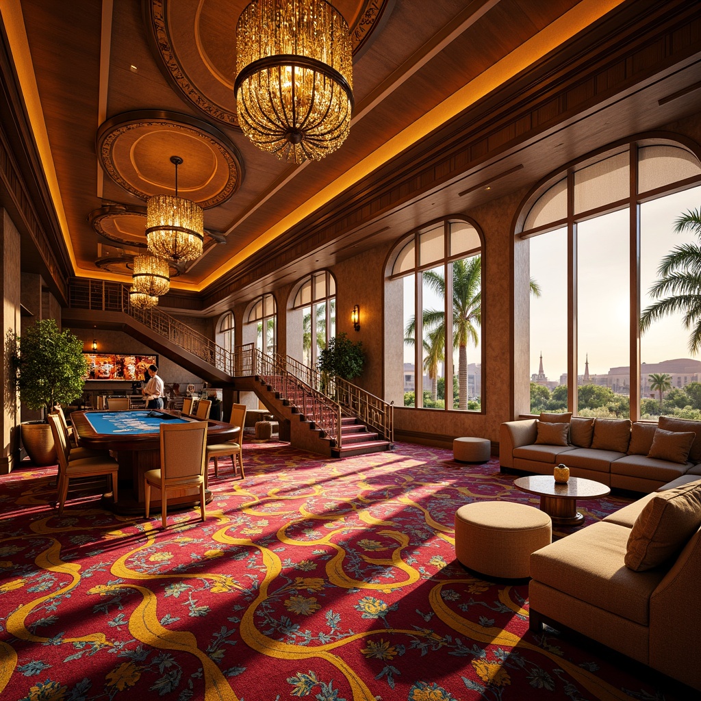 Prompt: Vibrant casino interior, luxurious textiles, bold geometric patterns, rich velvet fabrics, metallic accents, ornate chandeliers, grand staircases, lavish furnishings, opulent decorations, warm golden lighting, dramatic spotlights, shallow depth of field, 1/1 composition, realistic textures, ambient occlusion, regionalist architectural style, curved lines, ornate details, Mediterranean-inspired design, sun-kissed exterior, palm trees, warm desert landscape.