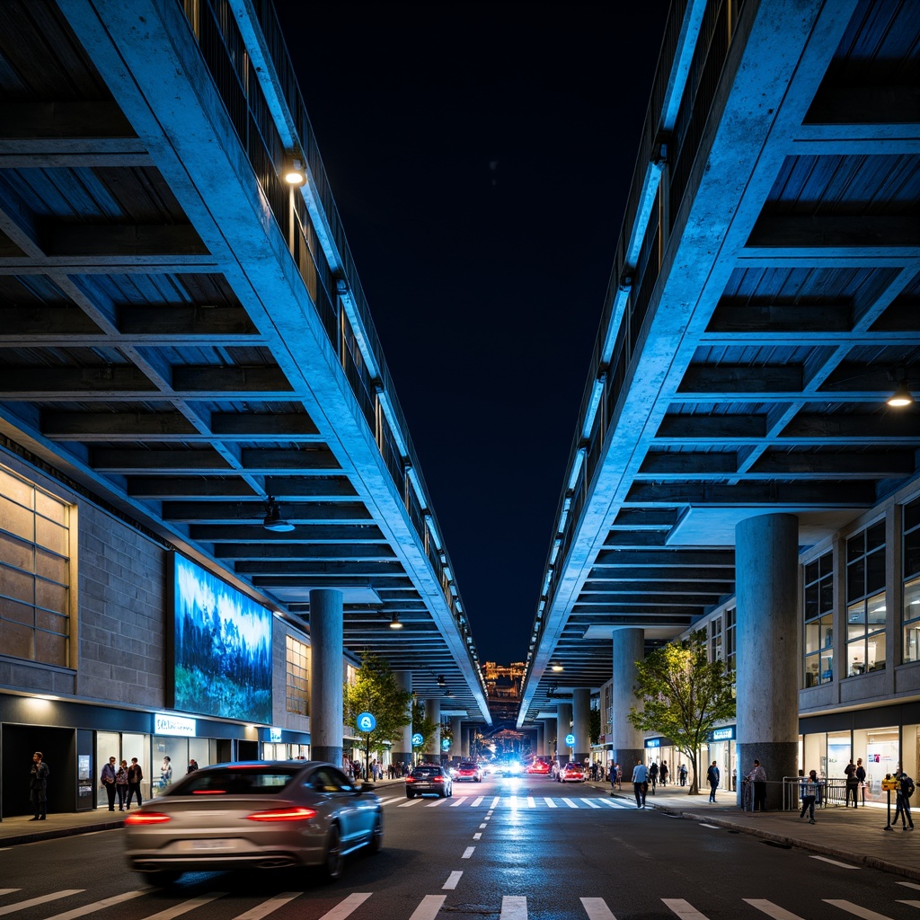 Prompt: Urban bridge, industrial steel structure, modern architecture, bold color scheme, bright blue accents, silver metallic tones, concrete pillars, urban cityscape, busy traffic flow, dramatic nighttime lighting, high-contrast shadows, cinematic atmosphere, 1/2 composition, low-angle shot, realistic textures, ambient occlusion.