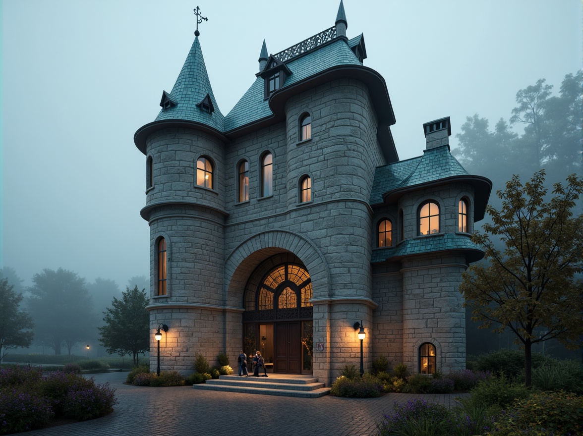 Prompt: Majestic watchtower, medieval-inspired facade, stone walls, Gothic arches, grandiose entrance, ornate carvings, intricate stonework, weathered copper roofs, mystical lanterns, misty morning atmosphere, soft warm lighting, shallow depth of field, 3/4 composition, panoramic view, realistic textures, ambient occlusion.