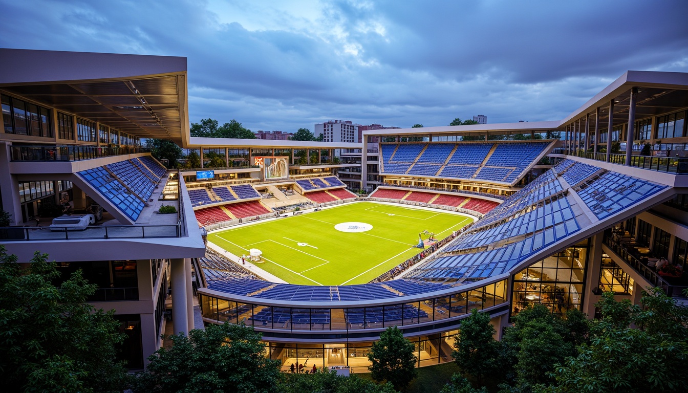 Prompt: Vibrant football stadium, social housing complex, curved lines, dynamic shapes, bold color schemes, metallic materials, LED lighting systems, cantilevered roofs, open-air balconies, communal green spaces, recreational facilities, community centers, public art installations, urban landscape integration, modern architecture, angular fa\u00e7ades, transparent glass walls, sleek steel beams, atmospheric evening lighting, shallow depth of field, 1/2 composition, realistic textures, ambient occlusion.