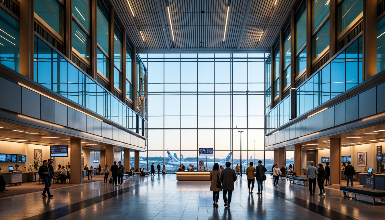 Prompt: Airy airport terminal, translucent facades, gleaming metal frames, vibrant LED lighting, spacious interior atriums, polished marble floors, modern minimalist seating areas, sleek information desks, futuristic flight information displays, bustling passenger traffic, dynamic escalators, panoramic views of airfields, warm natural light, shallow depth of field, 1/1 composition, realistic reflections, ambient occlusion.