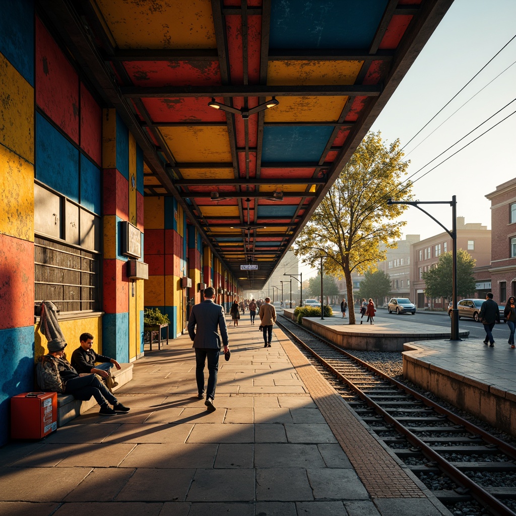 Prompt: Vibrant train station, expressionist architecture, bold geometric shapes, bright primary colors, contrasting secondary hues, industrial metal beams, exposed brick walls, distressed concrete textures, urban cityscape, bustling streets, morning rush hour, warm golden lighting, shallow depth of field, 1/2 composition, dramatic shadows, cinematic atmosphere, gritty realistic details.