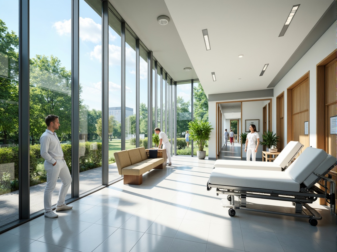 Prompt: Modern hospital building, sleek glass curtain walls, natural light influx, minimalist interior design, sterile white floors, stainless steel medical equipment, comfortable patient rooms, private recovery areas, calming greenery views, warm wooden accents, soft diffused lighting, shallow depth of field, 1/1 composition, realistic reflections, ambient occlusion.