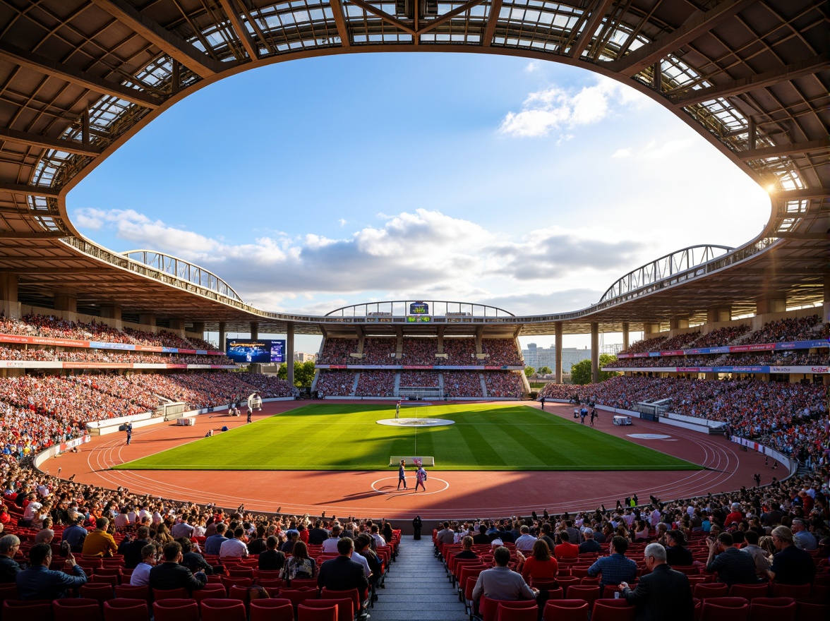 Prompt: Vibrant sports stadium, dynamic color scheme, bold team branding, energetic crowd atmosphere, sleek modern architecture, angular lines, retractable roofs, natural grass fields, athletic track lanes, scoreboard displays, floodlighting, warm golden lighting, shallow depth of field, 3/4 composition, panoramic view, realistic textures, ambient occlusion.