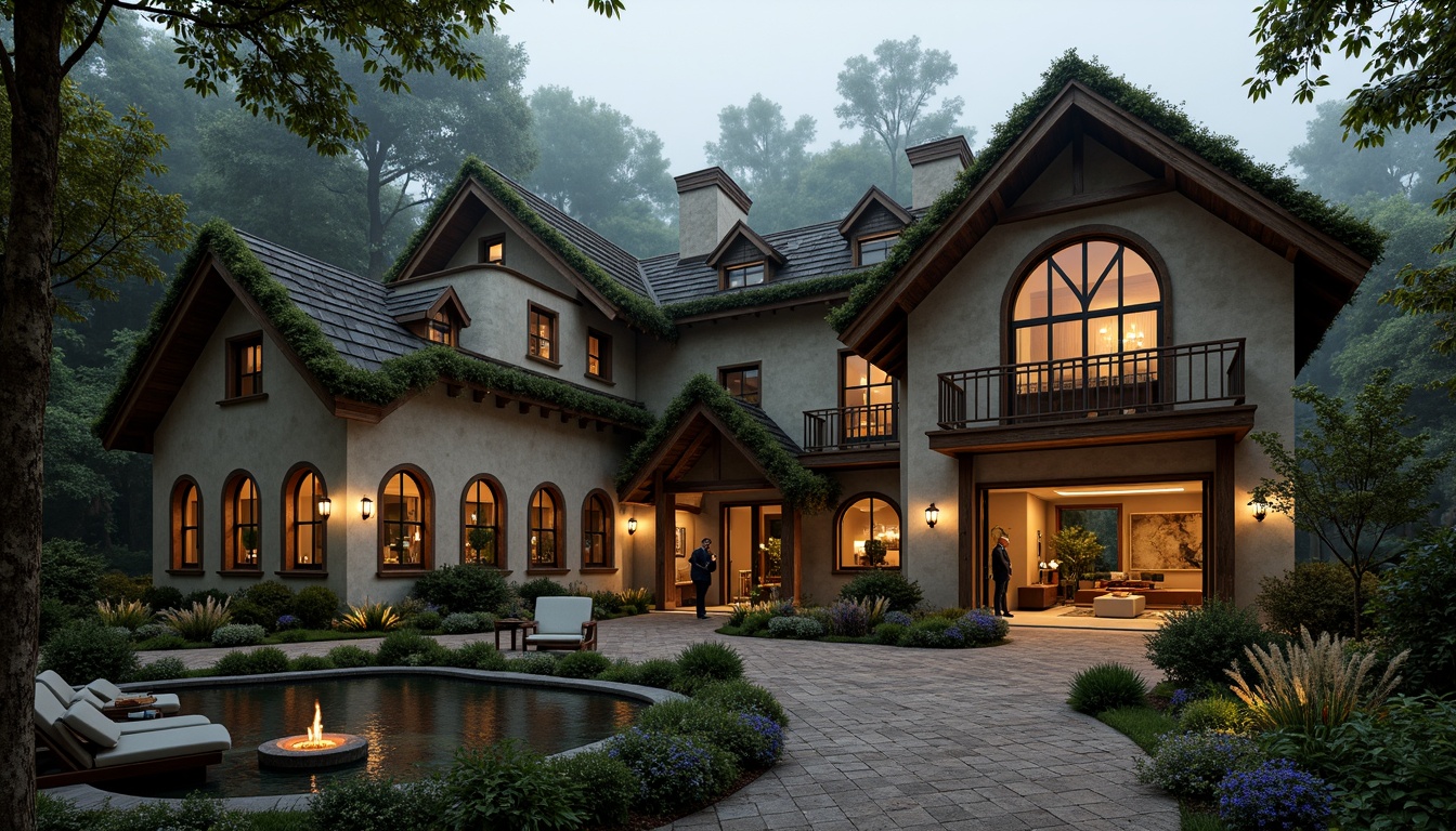 Prompt: Rustic villa, Gothic arches, stone walls, wooden beams, natural slate roofs, earthy tones, moss-covered facades, overgrown vegetation, winding vines, ornate carvings, grand entrance halls, high ceilings, stained glass windows, intricate mosaics, warm candlelight, soft shadows, mysterious ambiance, foggy mornings, misty forests, serene landscapes, 1/1 composition, symmetrical framing, warm color palette, realistic textures, ambient occlusion.