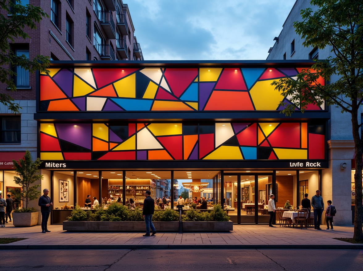 Prompt: Vibrant restaurant facade, expressionist architecture, bold geometric shapes, bright primary colors, abstract patterns, irregular forms, dynamic lighting effects, neon signs, metallic accents, industrial materials, exposed ductwork, urban cityscape, bustling streets, evening atmosphere, warm golden lighting, shallow depth of field, 1/1 composition, dramatic shadows, high-contrast textures.