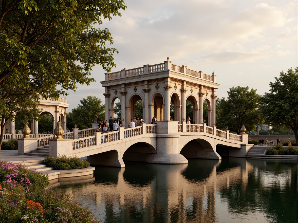 Prompt: Ornate bridge, grandiose arches, intricately carved stone balustrades, gilded accents, ornamental lanterns, majestic river views, serene water reflections, lush greenery, vibrant flowers, natural stone piers, decorative iron railings, Baroque-inspired architecture, sweeping curves, dramatic lighting, warm golden tones, shallow depth of field, 1/2 composition, realistic textures, ambient occlusion.