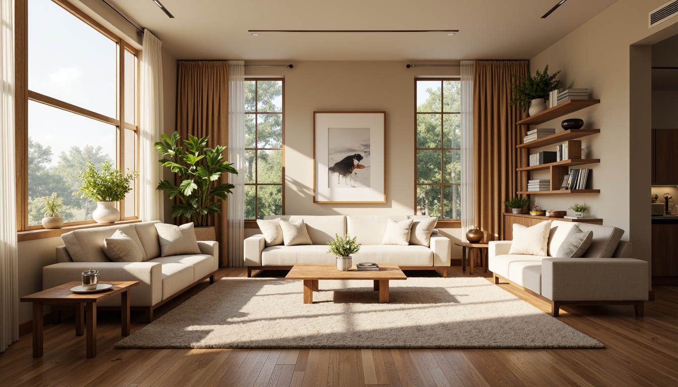 Prompt: Cozy living room, comfortable sofas, warm beige walls, wooden flooring, large windows, natural light, soft curtains, minimalist decor, functional shelving units, modern coffee table, plush area rug, calming color scheme, relaxing ambiance, 1/1 composition, softbox lighting, shallow depth of field, realistic textures, ambient occlusion.