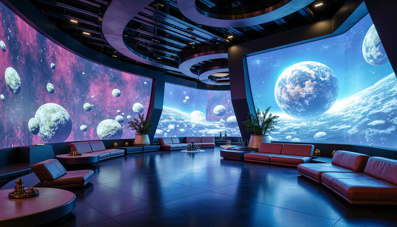 Prompt: Futuristic interior, neon-lit ambiance, holographic projections, sleek metallic surfaces, minimalist decor, levitating furniture, transparent glass floors, curved lines, geometric patterns, ambient lighting, soft glow, 3/4 composition, shallow depth of field, panoramic view, realistic textures, ambient occlusion, virtual reality interfaces, augmented reality displays, cyberpunk-inspired color schemes, iridescent materials, holographic windows, zero-gravity environments.