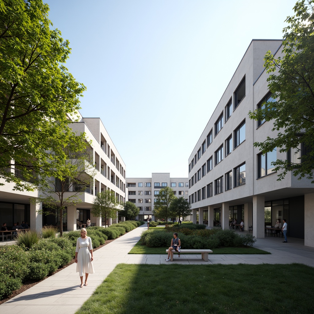 Prompt: Sleek campus buildings, minimalist architecture, clean lines, simple forms, neutral color palette, lush greenery, trimmed hedges, manicured lawns, walking paths, stone pavements, modern benches, subtle outdoor lighting, soft shadows, 1/1 composition, shallow depth of field, realistic textures, ambient occlusion, serene atmosphere, peaceful ambiance, natural harmony.