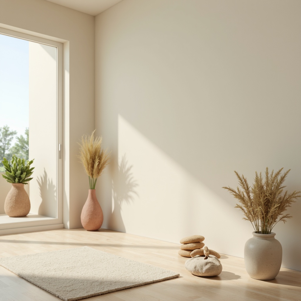 Prompt: Soft pastel hues, calming atmosphere, serene ambiance, gentle color transitions, soothing warm beige, creamy whites, pale blues, muted greens, earthy terracotta, natural wood accents, subtle texture variations, organic shapes, minimalist composition, soft focus, shallow depth of field, 1/1 aspect ratio, realistic renderings, ambient occlusion.