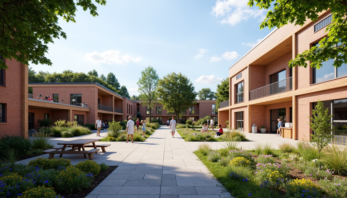 Prompt: Vibrant community center, modern social housing, green roofs, communal gardens, outdoor recreational spaces, playground equipment, seating areas, public art installations, natural stone walkways, brick buildings, large windows, glass doors, sunny day, soft warm lighting, shallow depth of field, 3/4 composition, panoramic view, realistic textures, ambient occlusion, inclusive design, accessible pathways, community kitchen, shared laundry facilities, co-working spaces, educational resources, health services, social programs, cultural events, diverse community, harmonious atmosphere.