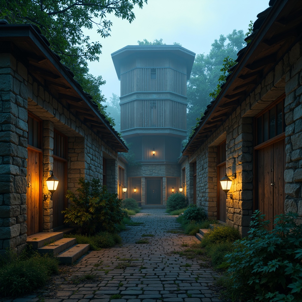 Prompt: Mysterious watchtower, ancient stone walls, worn wooden doors, mystical lanterns, foggy misty atmosphere, eerie twilight, warm golden lighting, soft mysterious shadows, intricate stonework patterns, rugged natural textures, weathered wooden accents, moss-covered roofs, overgrown vegetation, abandoned forgotten feel, cinematic dramatic mood, low-key mysterious color tone, 1/2 composition, atmospheric perspective, subtle depth of field.