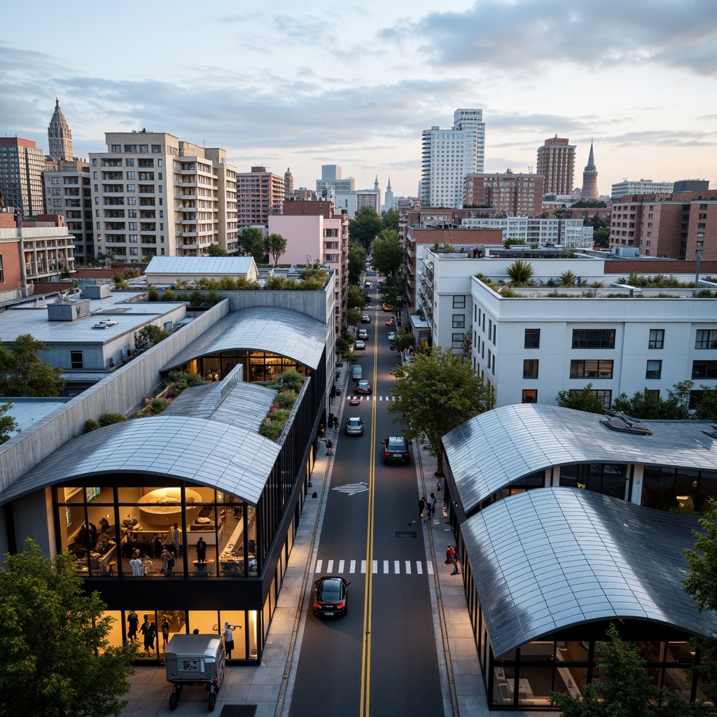 Prompt: Undulating rooflines, curved metal sheets, translucent glass panels, cantilevered overhangs, asymmetrical shapes, modern minimalist architecture, sleek industrial materials, bold color accents, dynamic lighting effects, dramatic shadows, 3/4 composition, low-angle shot, realistic reflections, ambient occlusion, urban cityscape, bustling streets, trendy neighborhood, vibrant street art, eclectic rooftop gardens.