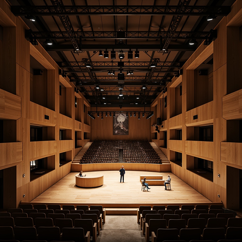 Prompt: Bauhaus-style auditorium, minimalist interior design, rectangular shape, industrial materials, exposed ductwork, concrete floors, steel beams, wooden accents, geometric patterns, functional lighting, suspended acoustic panels, sound-absorbing materials, tiered seating, curved balconies, grand stage, dramatic spotlights, warm color scheme, intimate atmosphere, 1/2 composition, low-angle shot, soft focus, ambient occlusion.