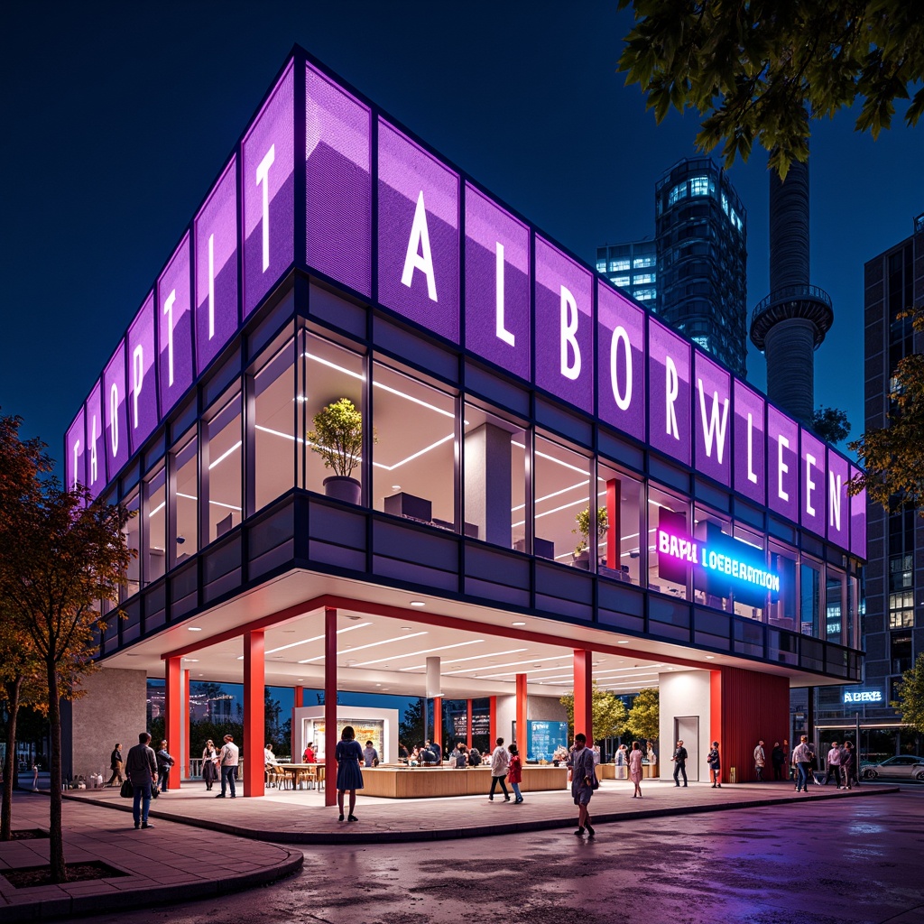 Prompt: Vibrant laboratory building, futuristic facade design, neon-lit signage, metallic mesh cladding, angular geometric shapes, cantilevered structures, LED light installations, experimental architecture, modern materials, glass curtain walls, steel beams, exposed ductwork, industrial chic aesthetic, high-contrast color scheme, dramatic shadows, 1/1 composition, low-angle shot, cinematic lighting, realistic reflections, ambient occlusion.