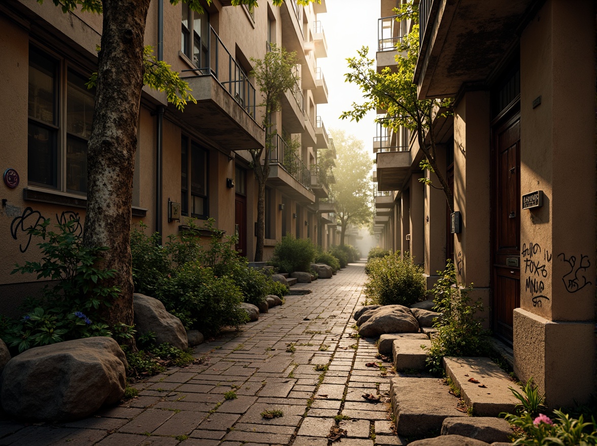 Prompt: Rugged rocky terrain, weathered stone walls, moss-covered boulders, ancient tree roots, twisted metal beams, distressed wooden planks, worn brick pathways, faded graffiti, urban cityscape, misty atmospheric perspective, warm golden lighting, high contrast ratio, shallow depth of field, 2/3 composition, cinematic camera angle, realistic normal mapping, ambient occlusion.