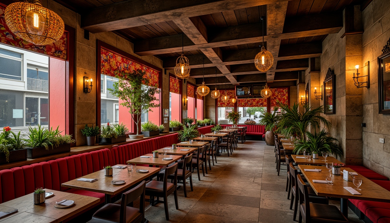 Prompt: Vibrant restaurant interior, rich wood textures, ornate metal fixtures, luxurious velvet fabrics, bold colorful patterns, eclectic decorative accents, distressed stone walls, reclaimed wooden tables, vintage industrial lighting, warm golden tones, dramatic shadows, high contrast ratio, cinematic composition, shallow depth of field, 1/2 camera angle, expressionist brushstrokes, abstract geometric shapes.