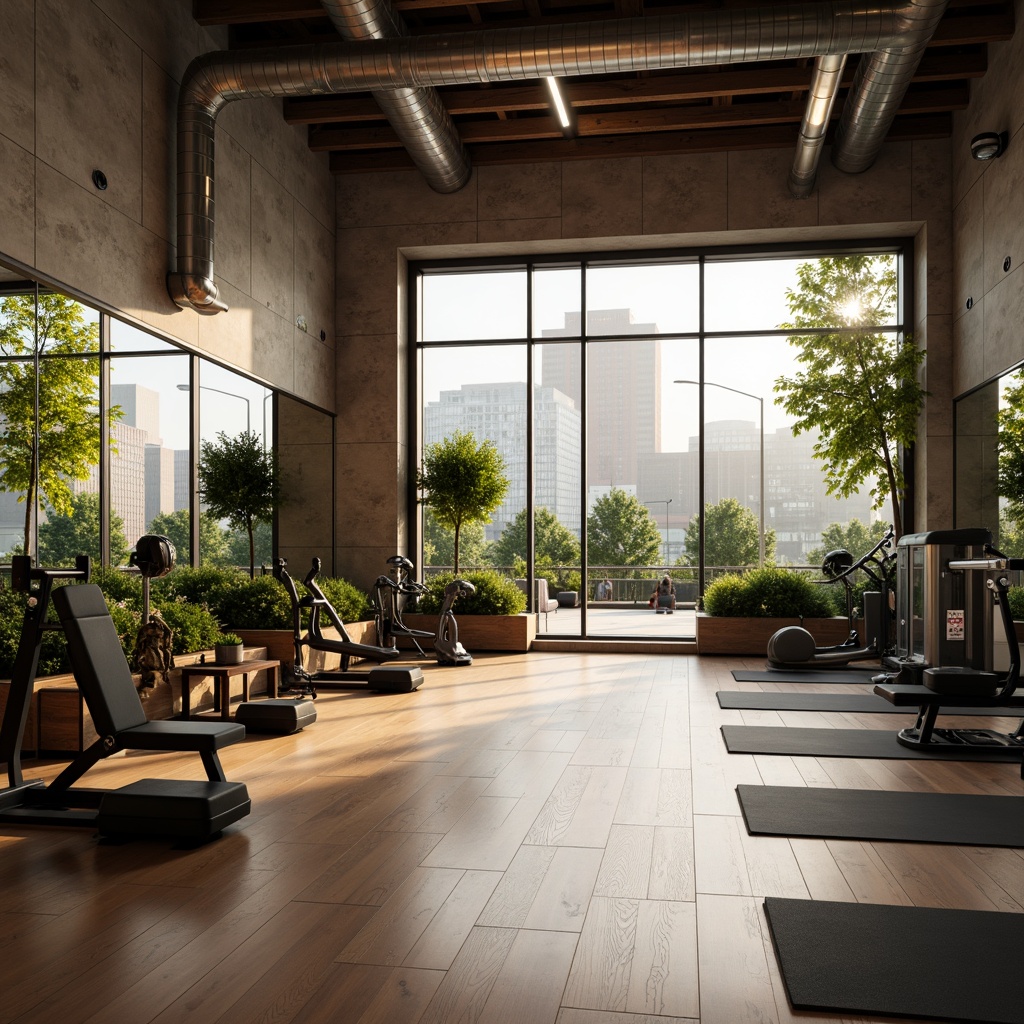 Prompt: Modern fitness studio, large windows, natural stone walls, wooden floors, mirrored surfaces, professional gym equipment, free weights, cardio machines, yoga mats, calm atmosphere, soft warm lighting, shallow depth of field, 3/4 composition, panoramic view, realistic textures, ambient occlusion, urban cityscape, morning sunlight, greenery views, minimalist decor, industrial chic style, exposed ductwork, polished concrete floors.