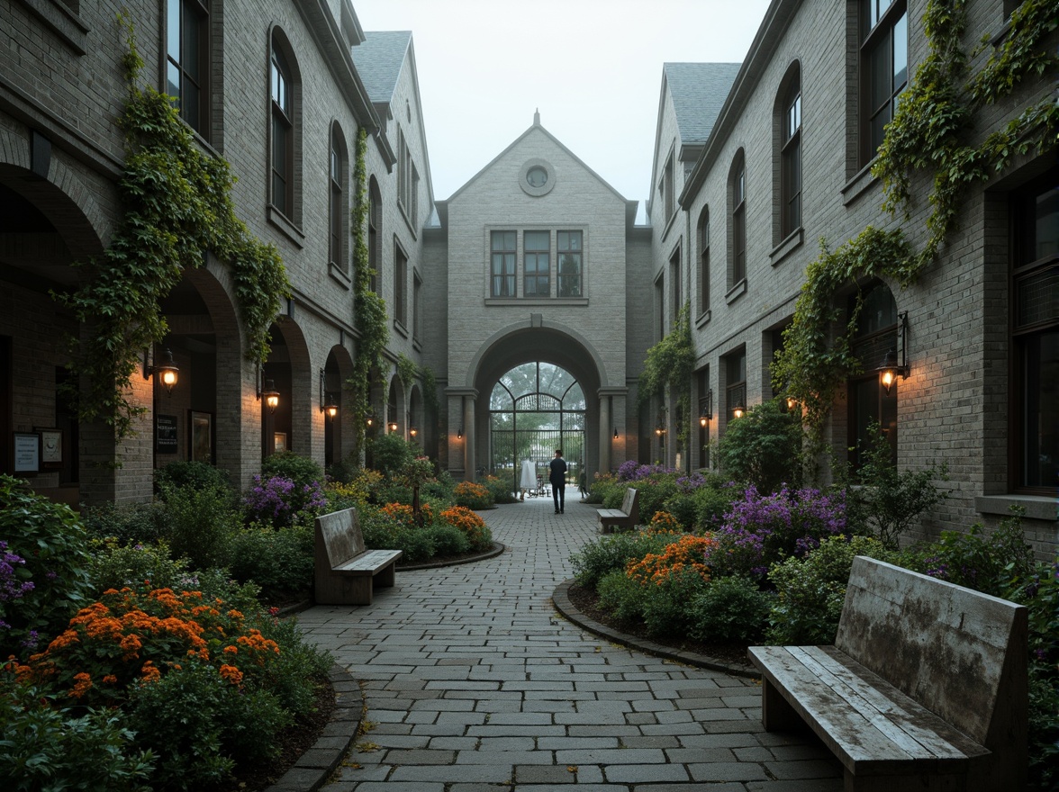 Prompt: Mysterious middle school courtyard, Gothic-style stone buildings, ivy-covered walls, grand entrance archways, ornate metal gates, lush greenery, vibrant flowers, meandering pathways, weathered stone benches, educational signage, mystical lanterns, foggy morning atmosphere, soft warm lighting, shallow depth of field, 3/4 composition, panoramic view, realistic textures, ambient occlusion.