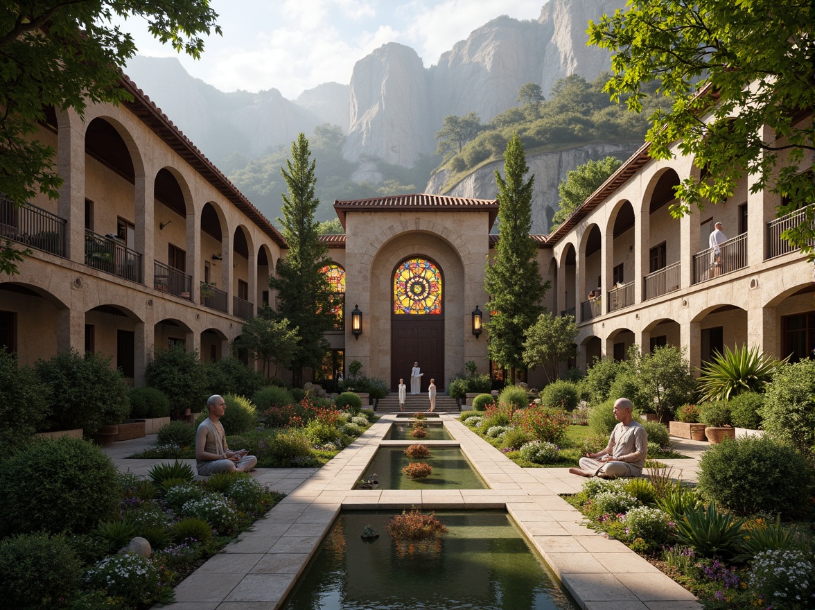 Prompt: Serene monastery courtyard, lush greenery, tranquil water features, ornate stone carvings, intricately designed archways, vibrant stained glass windows, peaceful Buddha statues, natural rock formations, misty mountainous backdrop, warm golden lighting, shallow depth of field, 1/2 composition, panoramic view, realistic textures, ambient occlusion.