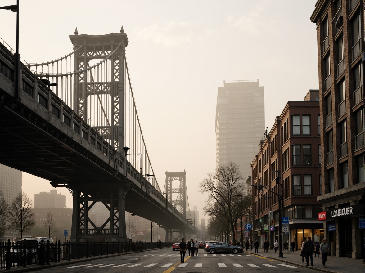 Prompt: Rustic steel bridges, arched structures, suspension cables, reinforced concrete piers, ornate lamp posts, pedestrian walkways, vehicular traffic lanes, urban cityscape, misty morning atmosphere, soft warm lighting, shallow depth of field, 3/4 composition, panoramic view, realistic textures, ambient occlusion.