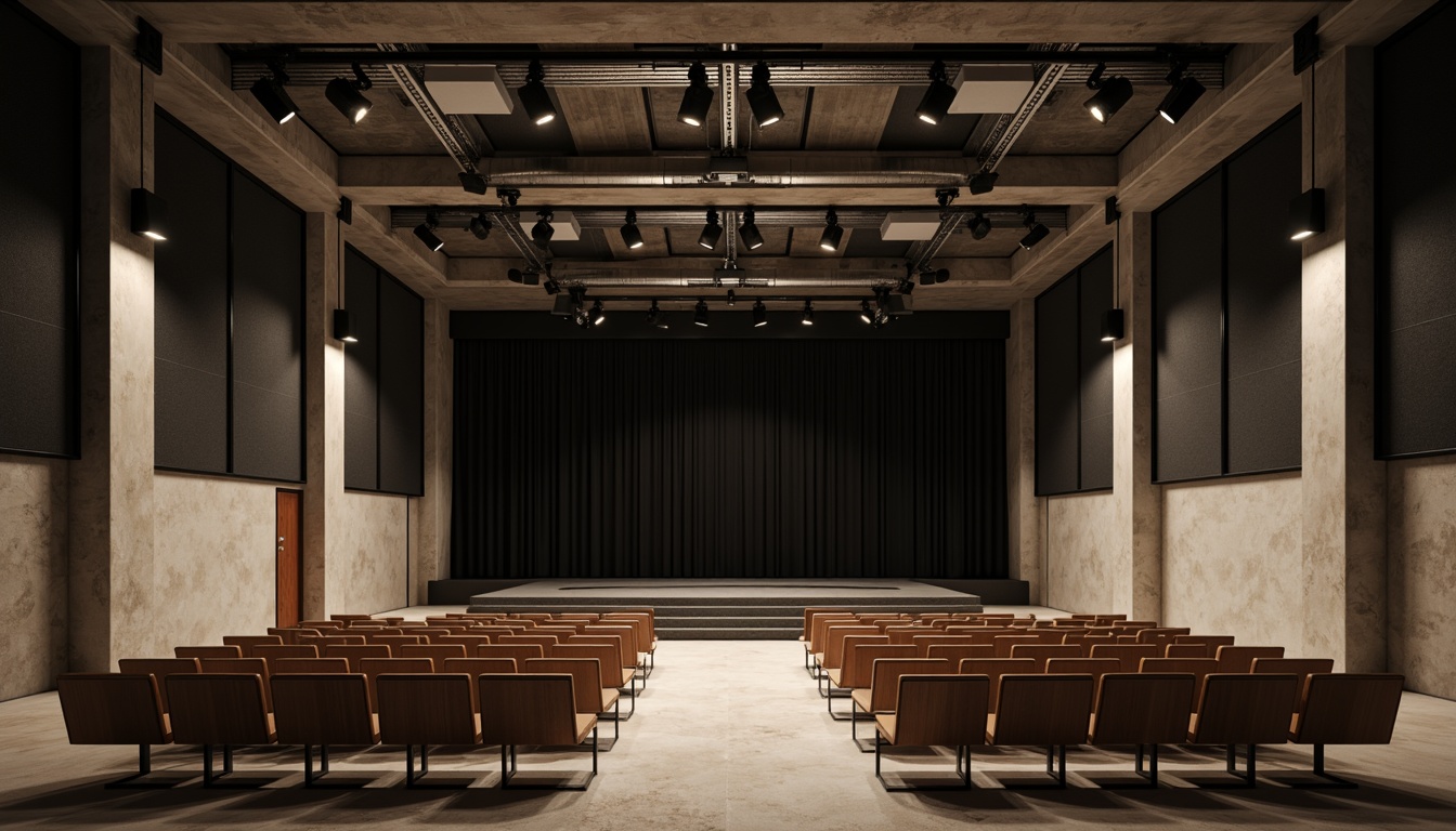 Prompt: Minimalist theater interior, concrete floors, industrial metal beams, exposed ductwork, simple wooden seats, sleek black stage, subtle LED lighting, dramatic spotlights, acoustic panels, sound-absorbing materials, neutral color palette, monochromatic tones, clean lines, minimal ornamentation, functional simplicity, urban loft atmosphere, high ceilings, open space, flexible seating arrangements, movable partitions, versatile performance areas, warm ambient glow, soft shadows, 1/1 composition, realistic textures, subtle reflections.