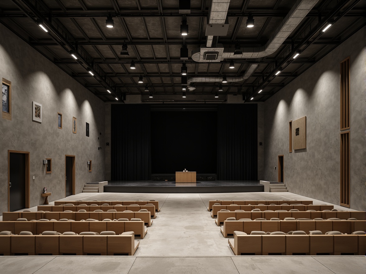 Prompt: Minimalist theater interior, concrete floors, industrial metal beams, exposed ductwork, simple wooden seats, sleek black stage, subtle LED lighting, neutral color palette, acoustic panels, sound-absorbing materials, minimalist decor, abstract artwork, modern architectural lines, functional simplicity, dramatic spotlights, high-contrast shadows, 1/1 composition, cinematic atmosphere, realistic textures, ambient occlusion.