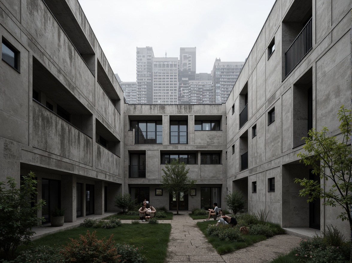 Prompt: Rugged student halls, brutalist architecture, raw concrete fa\u00e7ade, fortress-like structure, angular lines, geometric shapes, industrial materials, metal beams, exposed ductwork, minimalist design, functional simplicity, urban landscape, cityscape background, overcast sky, dramatic shadows, high-contrast lighting, 1/1 composition, symmetrical framing, realistic textures, ambient occlusion.